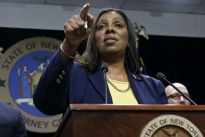 New York attorney general Letitia James at a 2019 press conference announcing her lawsuit against the Trump Administration.